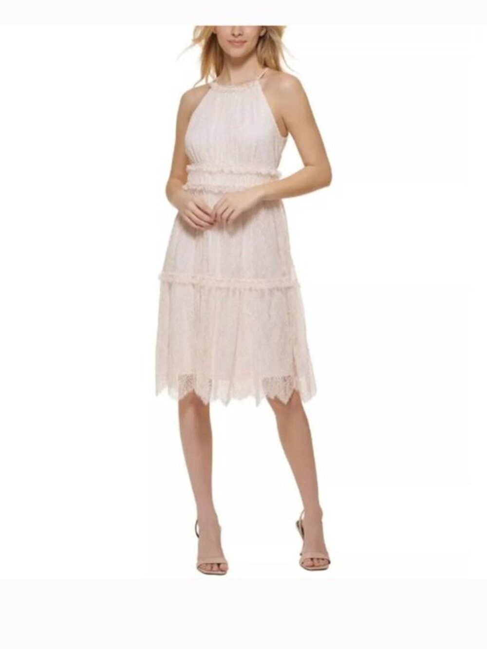 Calvin Klein Blossom Pink Allover Lace Ruffled Halter Dress Size 8